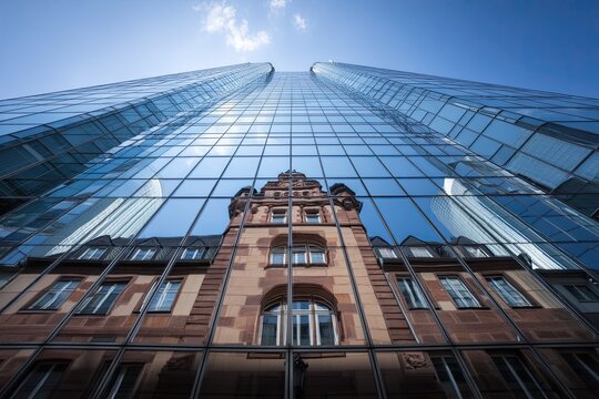 Old building reflecting in modern glass skyscraper facade. Contrast between historic architecture and contemporary commercial structure. Urban development concept.