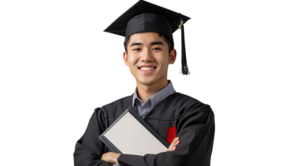 Graduate in cap and gown proudly smiles while holding diploma at graduation ceremony.