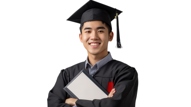 Graduate in cap and gown proudly smiles while holding diploma at graduation ceremony.