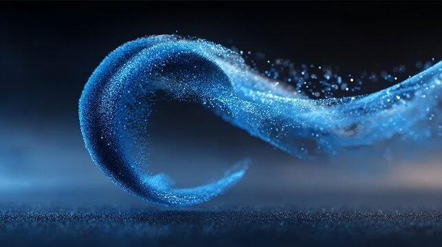 Abstract Blue Wave with Glittering Particles and Cold Air Swirl in a Dynamic Fluid Motion Background