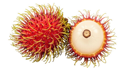 Isolated rambutan fruit showing outer shell and cut portion containing seed, on bright surface