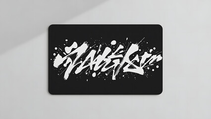 A black rectangular surface displays white abstract graffiti art with splatters.
