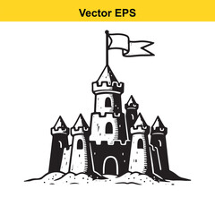 Black and white vector illustration of a medieval castle with flags isolated on white background