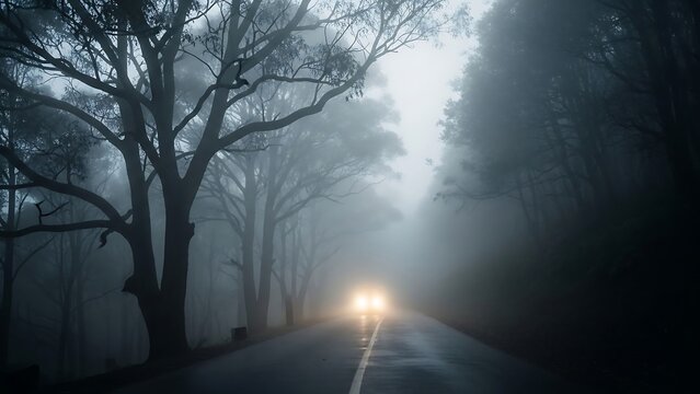 Eerie Drive - Car Headlights Pierce Through Dense Fog on a Dark Road. - Powered by Adobe