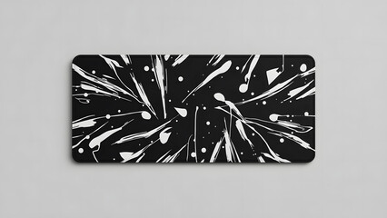 Abstract black rectangle with dynamic white paint splashes, streaks, and dots creating a sense of movement.