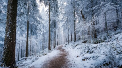 Obraz premium Stunning snowy forest scene with a path perfect for winter wanderlust, capturing the serene beauty and tranquility of a snow-covered landscape for your next project