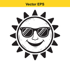 Doodle drawing of a happy sun wearing sunglasses, isolated on white background