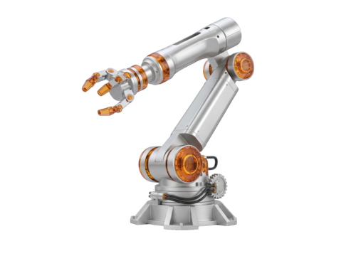 Industrial Robotic Arm With Metallic Silver Finish Orange Accents and Gripper Extended Isolated on Black Background Clean 3D Render