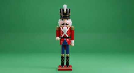 A detailed shot of a classic toy soldier nutcracker, standing on a red base against a green background.