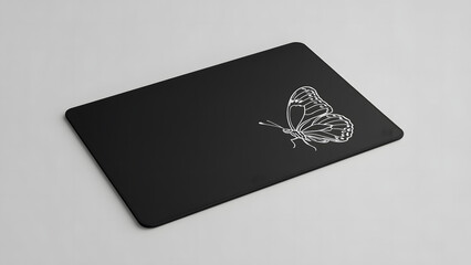 A black rectangular card with a delicate white butterfly illustration.