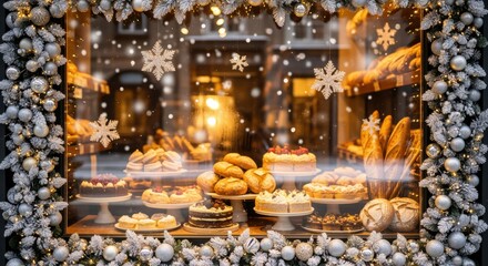 A festive bakery window display showcasing various baked goods and holiday decorations.