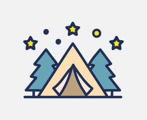 Night Camping Scene with Tent Trees and Stars Vector Illustration