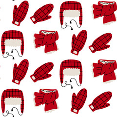 Seamless pattern with cute winter hats with fur, scarves, and gloves in red tones. Colorful flat texture. Perfect for seasonal clothing, gift packaging, cozy textiles, and cold-weather promotions