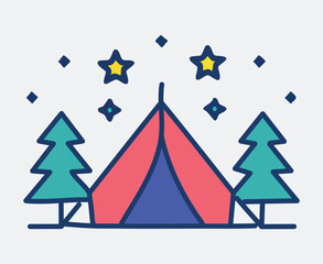 Night Camping Scene with Tent Trees and Stars Vector Illustration