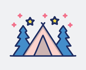 Night Camping Scene with Tent Trees and Stars Vector Illustration