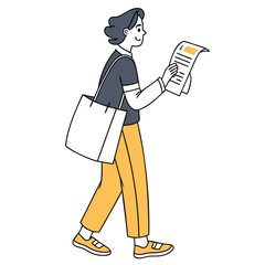 Fototapeta premium Person walking and reading a newspaper with a tote bag holding