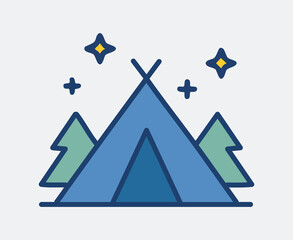 Night Camping Scene with Tent Trees and Stars Vector Illustration