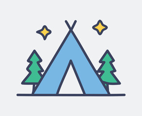 Night Camping Scene with Tent Trees and Stars Vector Illustration