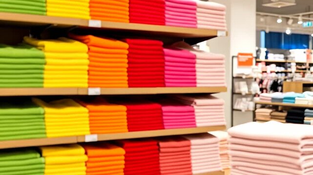 Colorful Folded Sweaters Displayed On Shelves In Retail Store With Apparel In Background