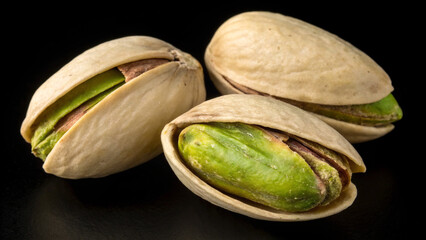 Pistachio nuts against black background, with each nut partially open to reveal the vibrant green kernel inside