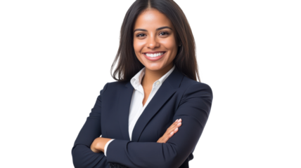 Confident businesswoman smiling while wearing a suit with arms crossed in a professional setting.