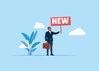 Businessman hold poster with word NEW. Vector flat illustration