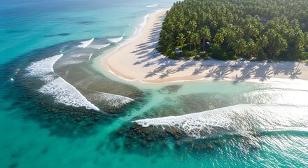 Aerial View of Tropical Island Paradise with Turquoise Water and Lush Vegetation.