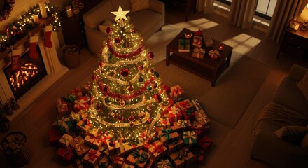 Festive Christmas tree surrounded by wrapped presents in a cozy living room setting.