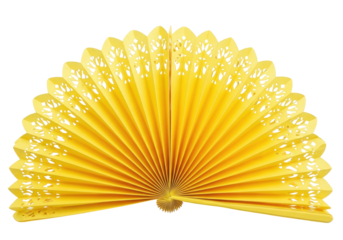 Isolated yellow hand fan with cut-out design, oriental paper folding souvenir object