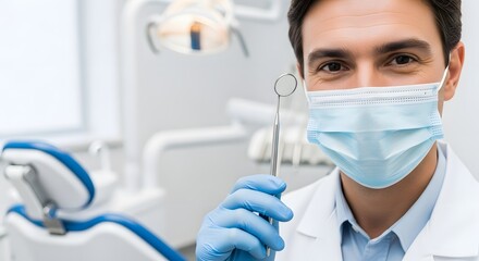 Smiling professional male dentist wearing protective mask and blue gloves holding dental mirror in modern clinic for oral health concept and medical examination
