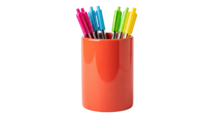 Isolated brightly-colored pens and a container on a neutral surface, writing and sketching