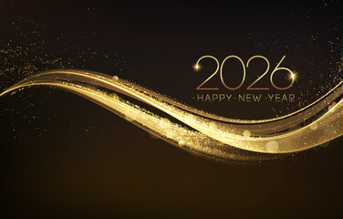 Naklejka premium 2026 Merry Christmas and Happy New Year Abstract Shiny Gold Glitter Decoration. Festive Background. Vector design element