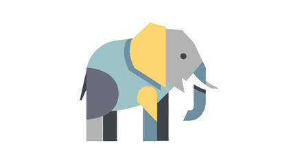 Geometric illustration of an elephant with a light blue body, yellow ear, and gray head.