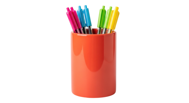 Isolated brightly-colored pens and a container on a neutral surface, writing and sketching