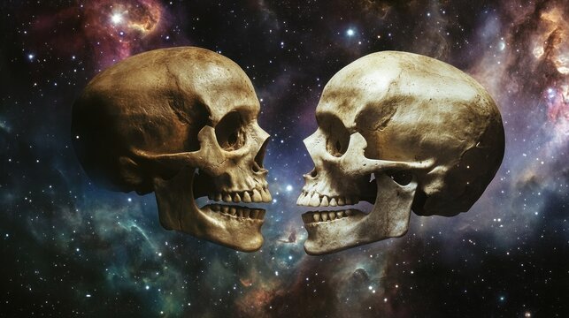 Human Skulls Floating in Cosmic Space, A Reflection on Mortality