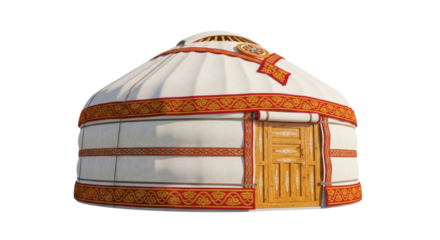 Isolated nomadic yurt dwelling, traditional house with wooden door and pattern ornaments