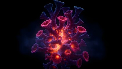 A vibrant abstract close-up of bioluminescent coral with branching ruffled cups glowing from within, shifting from deep purples and blues to pinks, reds, and warm orange against a black background.