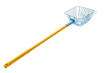 Isolated nut rake ready to collect fallen pecans with a long yellow handle and blue basket