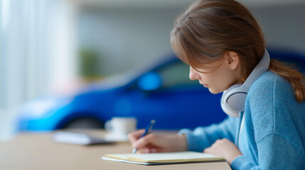 Concentrated female student learning drive defocused car driving, faceless school instruction, training visualization detail, blurred vehicle background, education concept, learnin