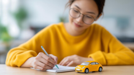 Concentrated female student learning drive defocused car driving, faceless school instruction, training visualization detail, blurred vehicle background, education concept, learnin