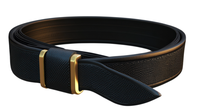 A sleek black belt with a golden buckle is elegantly placed on a white surface, highlighting its design and texture.