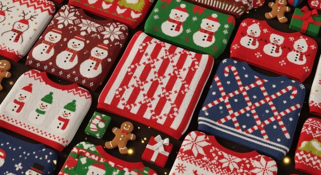 Close-up shot of various festive Christmas sweater-themed cookies with different designs.