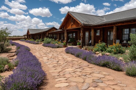 Rustic cabins with lavender pathway under a partly cloudy sky