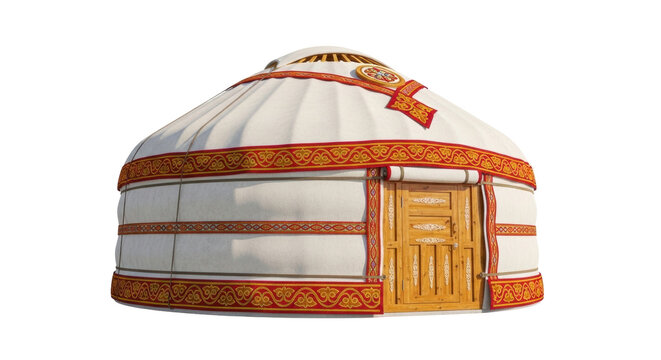 Isolated nomadic yurt dwelling, traditional house with wooden door and pattern ornaments