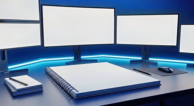 Modern Workstation with Three Curved Monitors and Notebooks
