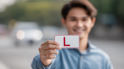 Tearing up L plate after defocused passing driving, faceless test victory, celebration visualization detail, blurred success background, achievement concept, passed interface, mile