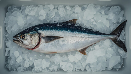 Fresh mackerel lying on crushed ice in a white container, showcasing its silvery scales and dark blue back.