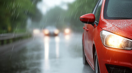 Red car driving practice on defocused wet road, faceless training conditions, vehicle visualization detail, blurred rainy background, learning concept, practice interface, weather