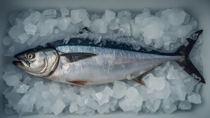 A fresh, whole fish rests on a bed of crushed ice, ready for preparation.