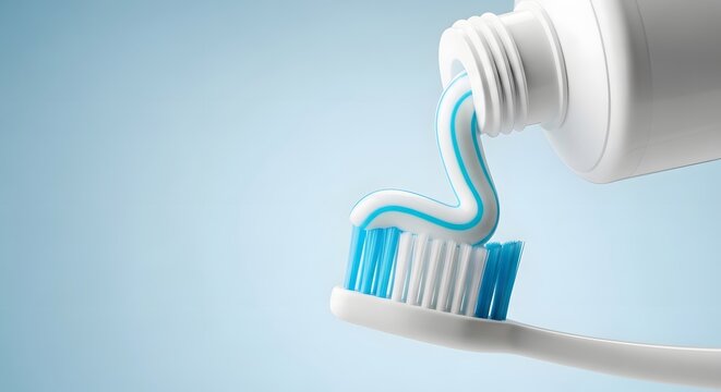 Fresh striped toothpaste squeezed onto a white toothbrush from a tube against a clean blue background for oral hygiene concept and morning routine